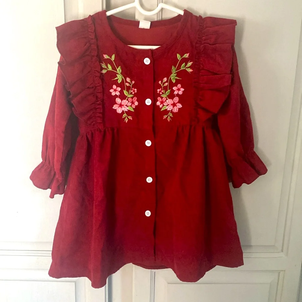 Burgundy Toddler corduroy embroidered floral Dress